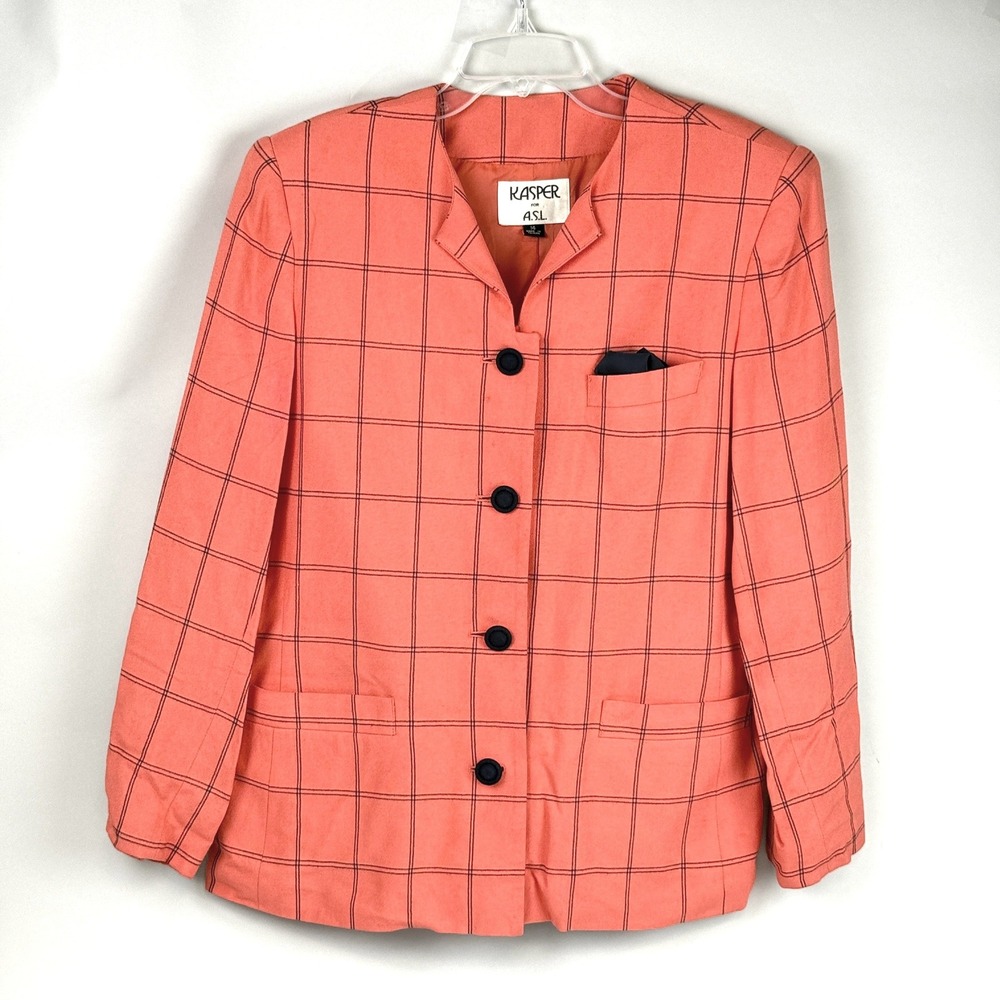 Kasper for A.S.L. Blazer Coral Windowpane Plaidā Button Front Jacket Size 14